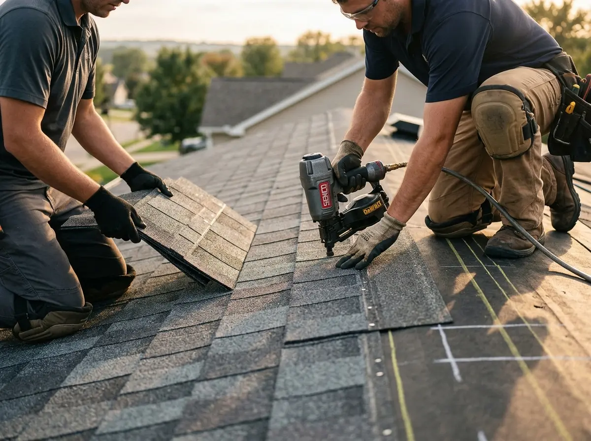 Professional roofer working on a residential roof in Readington